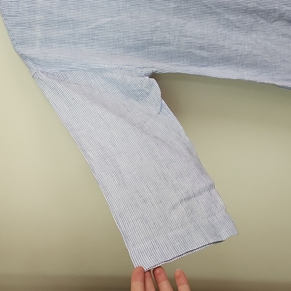 Soft Surroundings Linen Maxi Dress Blue White Striped Embroidered Side Slits S - Picture 5 of 11